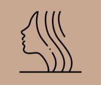 A line drawing of a woman 's face with hair blowing in the wind.