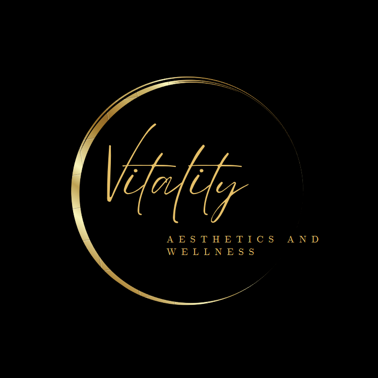 A black and gold logo for vitality aesthetics and wellness.