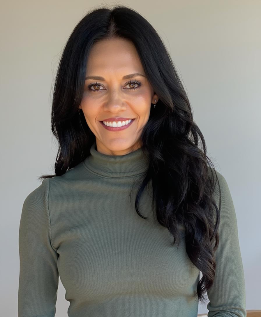 A woman with long black hair wearing a green shirt.