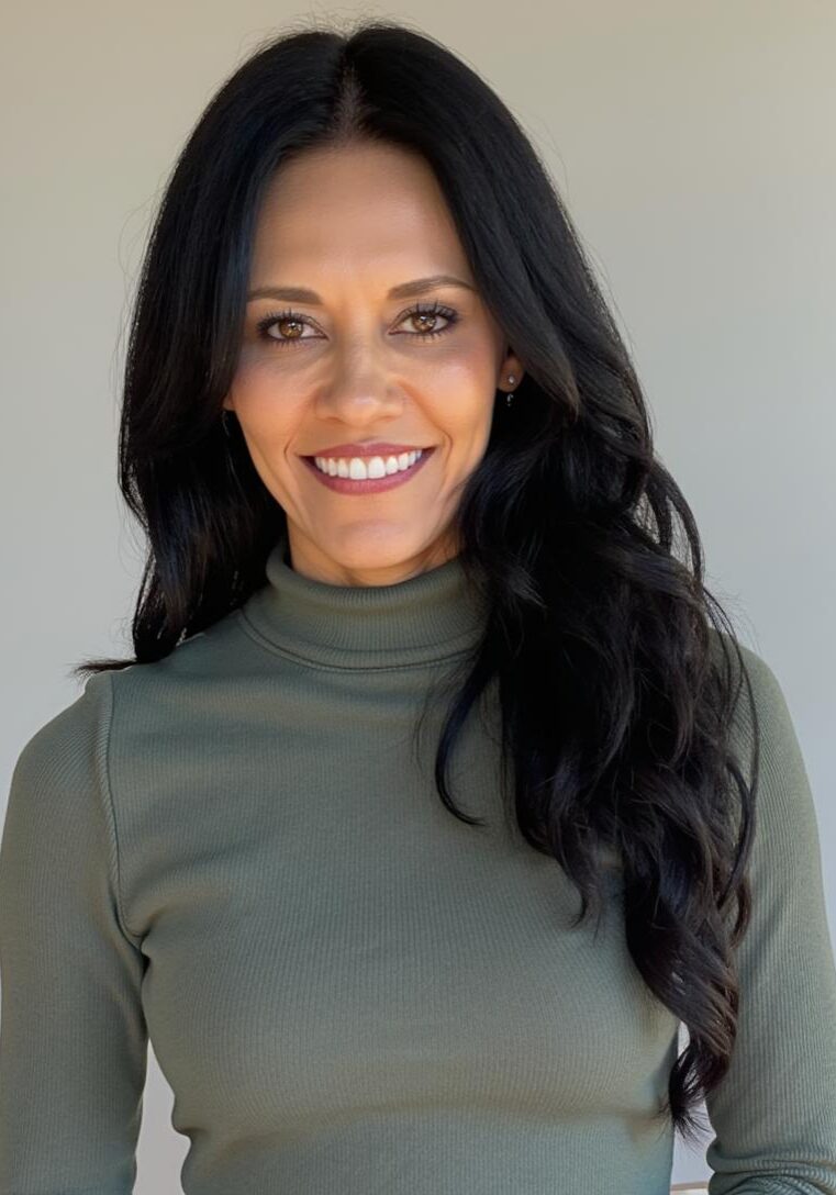 A woman with long black hair wearing a green shirt.